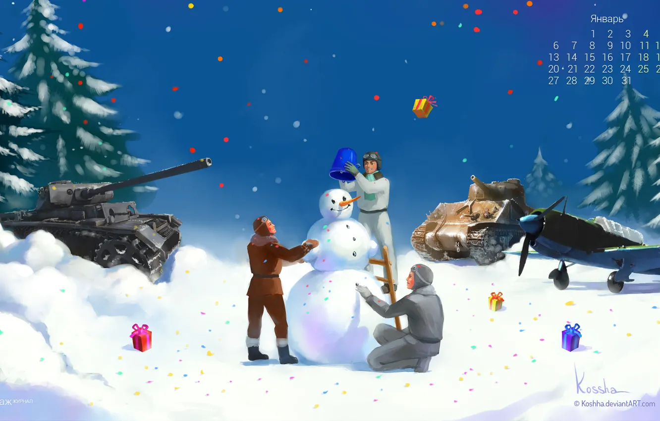 Фото обои зима, танк, снеговик, бомбардировщик, Арт, ёлки, календарь, американский