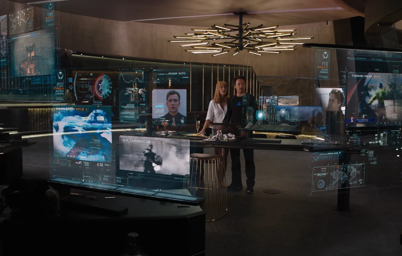 Фото обои информация, здание, офис, Железный человек, Marvel, Iron man, голограмма, экраны