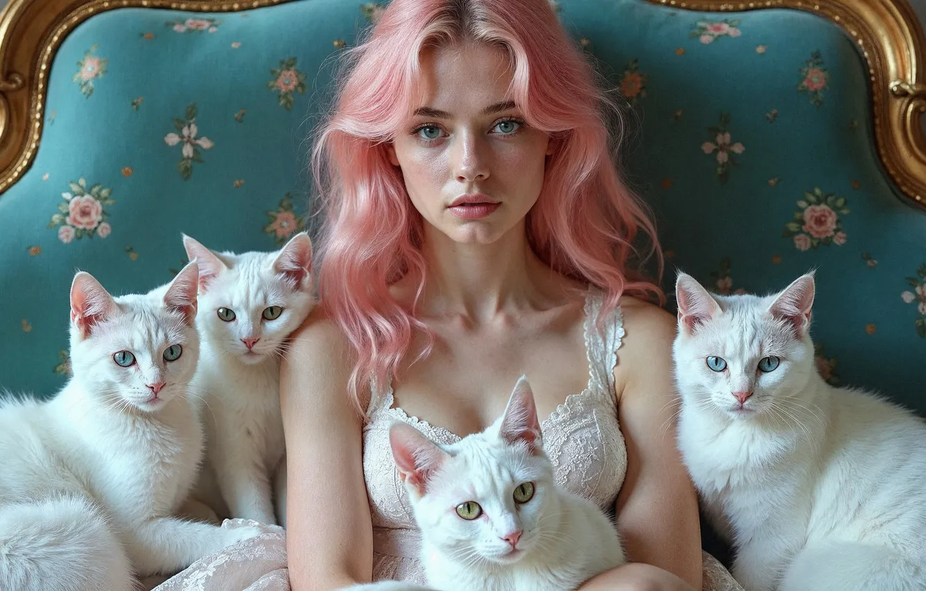 Фото обои девушка, кошки, диван, коты, портрет, белые, розовые волосы, кошатница