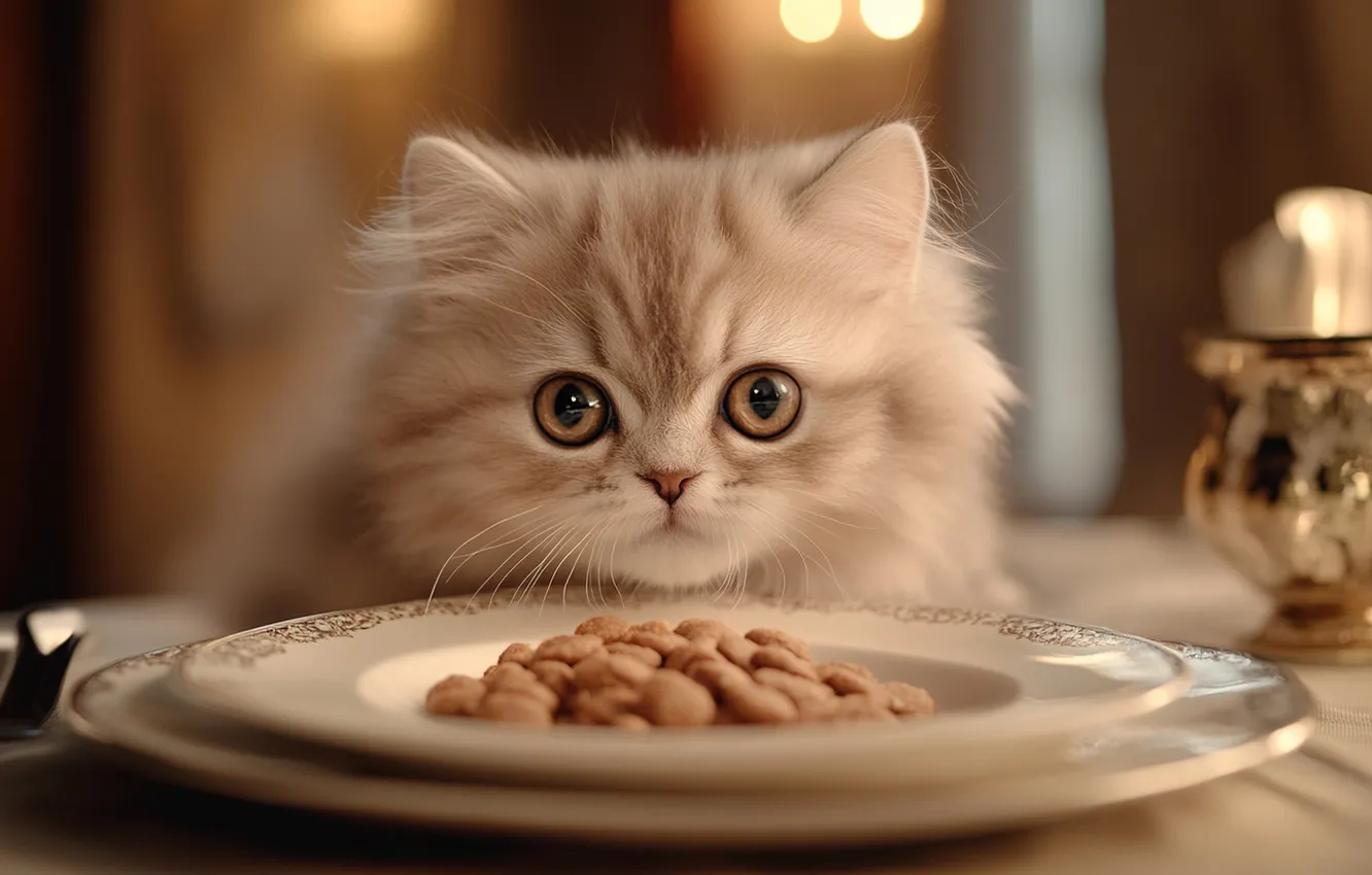 Фото обои кошка, взгляд, свет, огни, поза, серый, портрет, тарелка