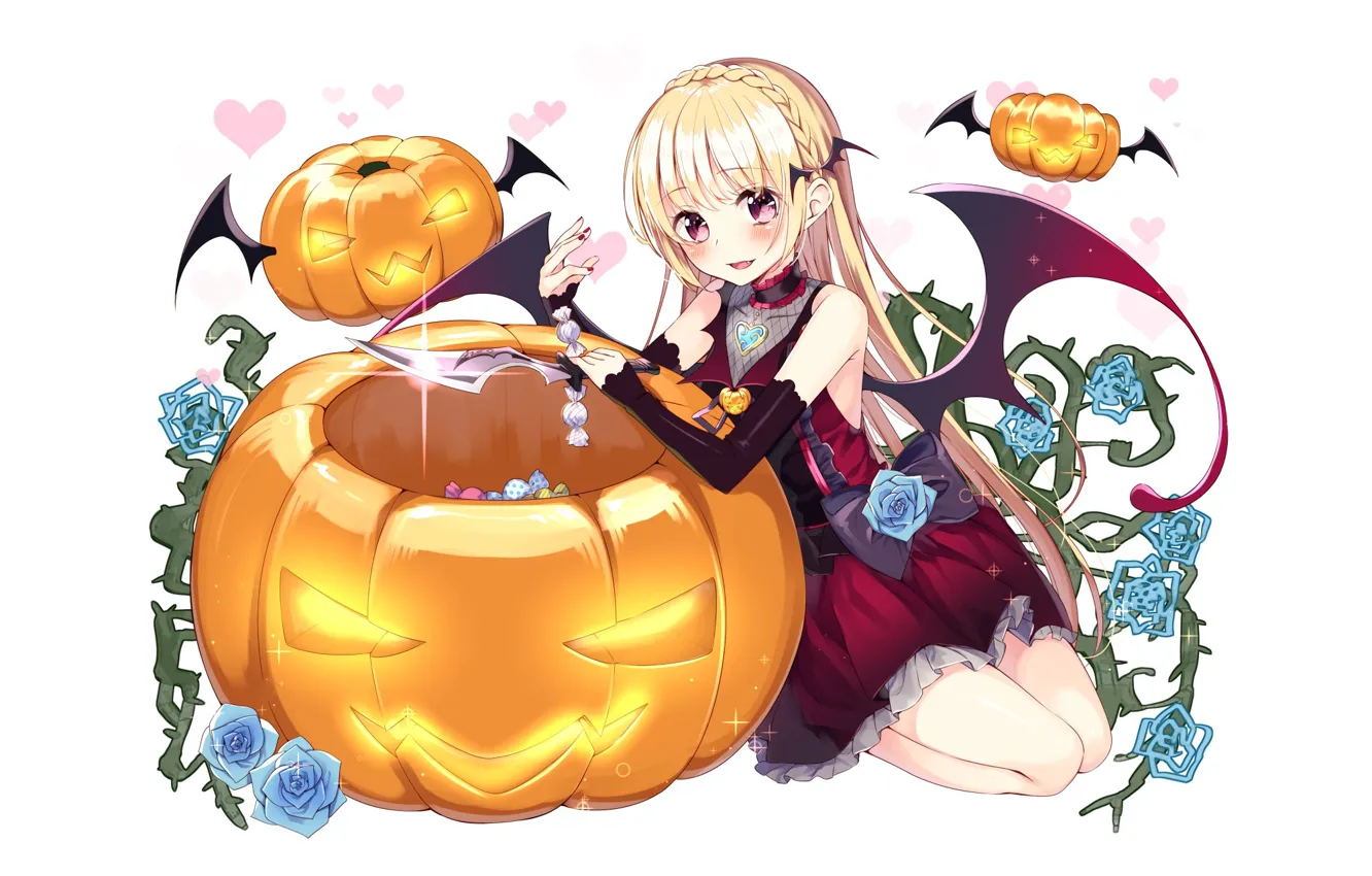 Фото обои девушка, аниме, арт, тыква, Хеллоуин, halloween