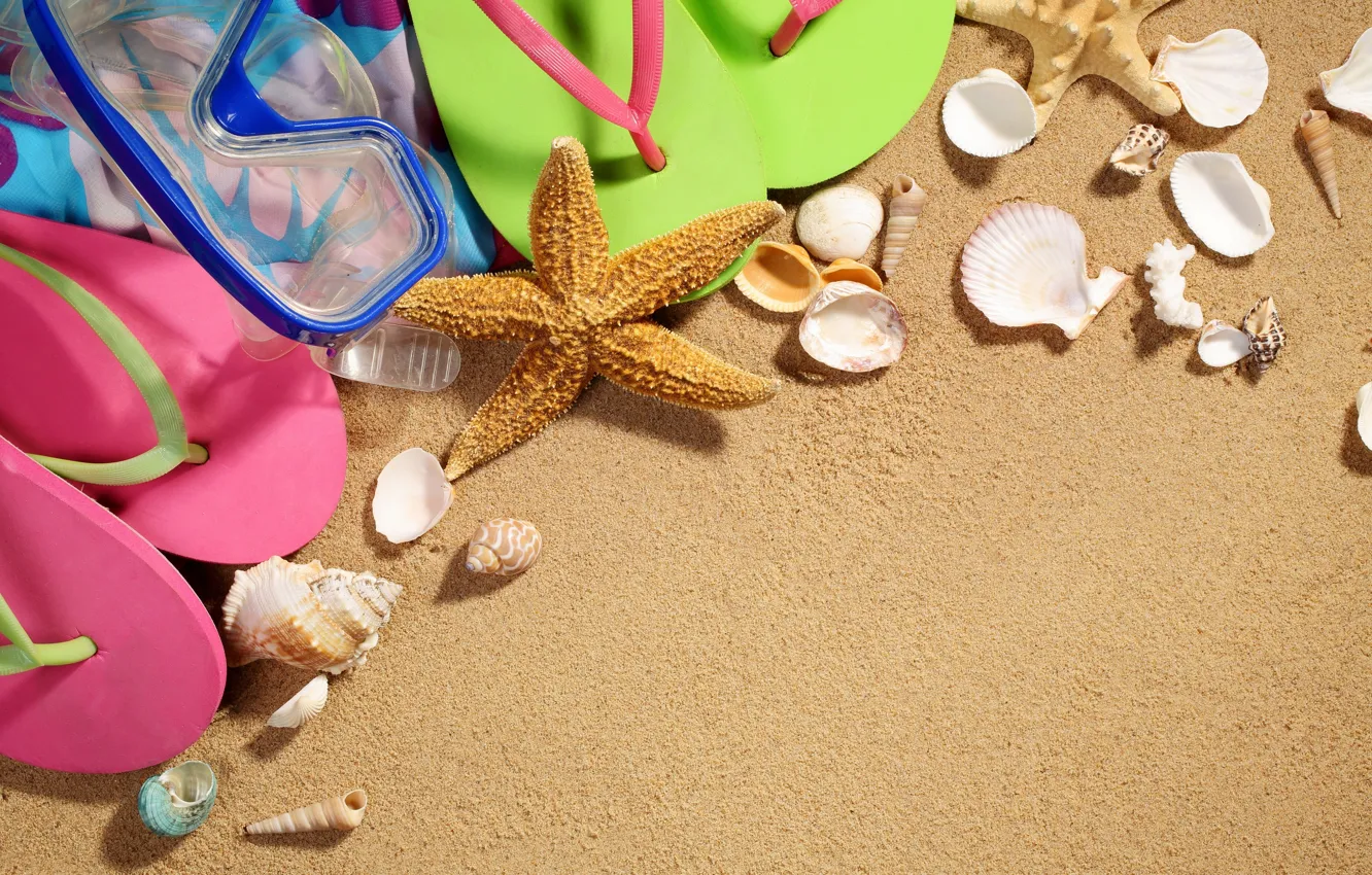 Фото обои песок, море, маска, ракушки, сланцы, морские звезды