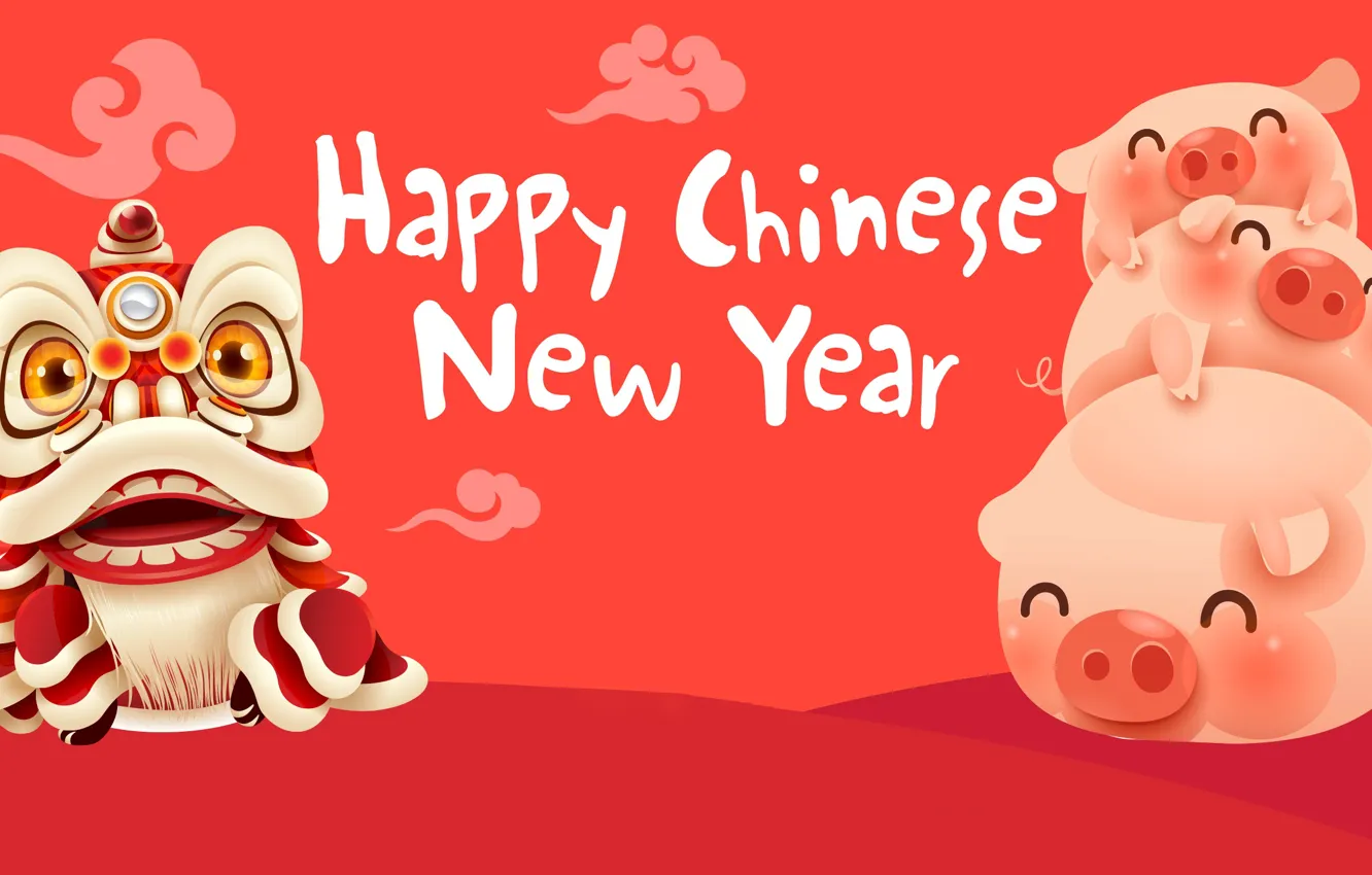 Фото обои новый год, китайские мотивы, символ года, поросята