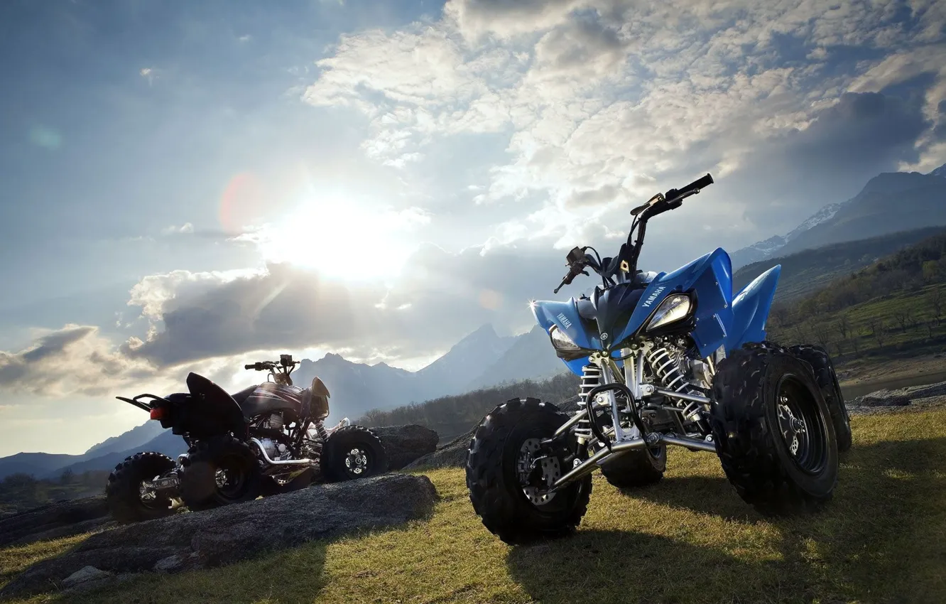 Фото обои солнце, горы, мотоциклы, Yamaha, ATV 26