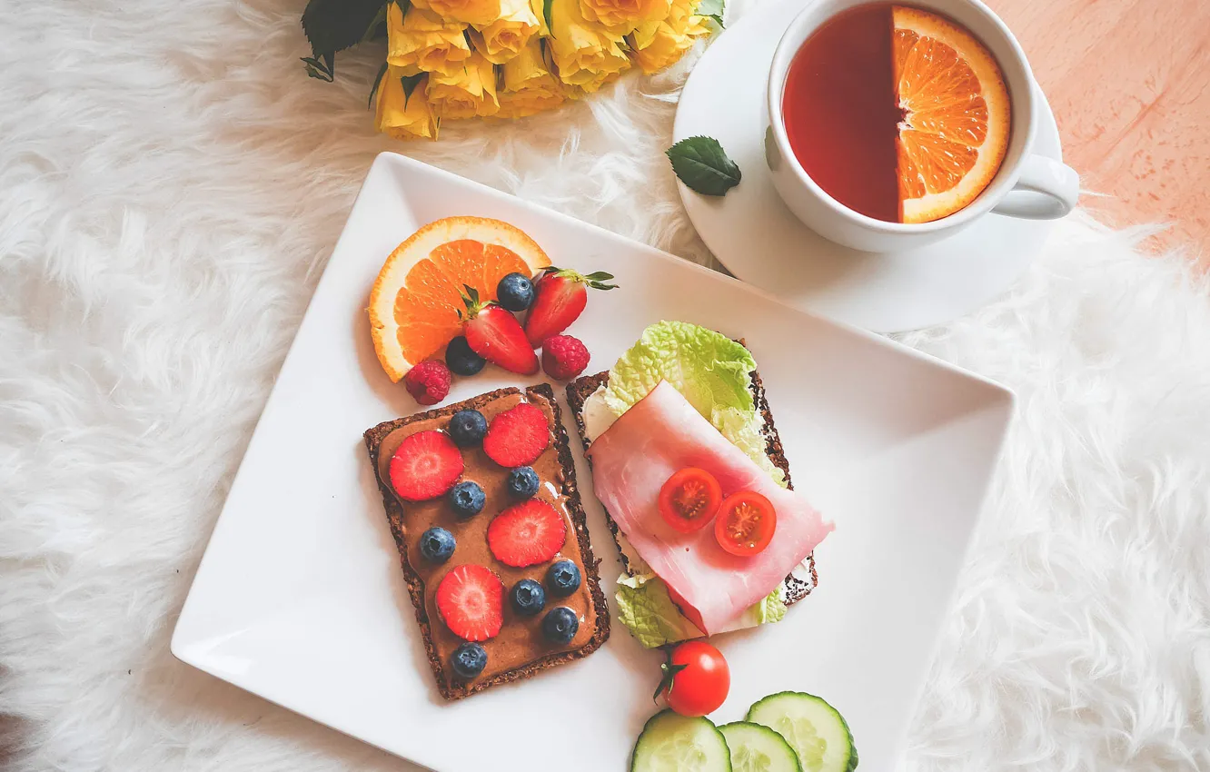 Фото обои ягоды, апельсин, завтрак, sweet, breakfast, tea, бутерброды, strawberries