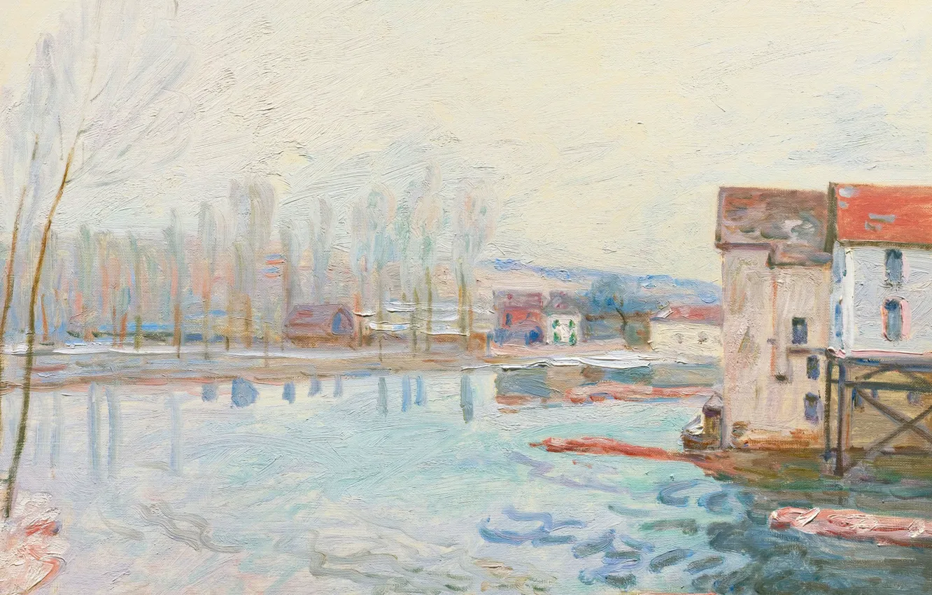 Фото обои пейзаж, дом, река, Alfred Sisley, Альфред Сислей, Зима в Морэ-сюр-Луэне