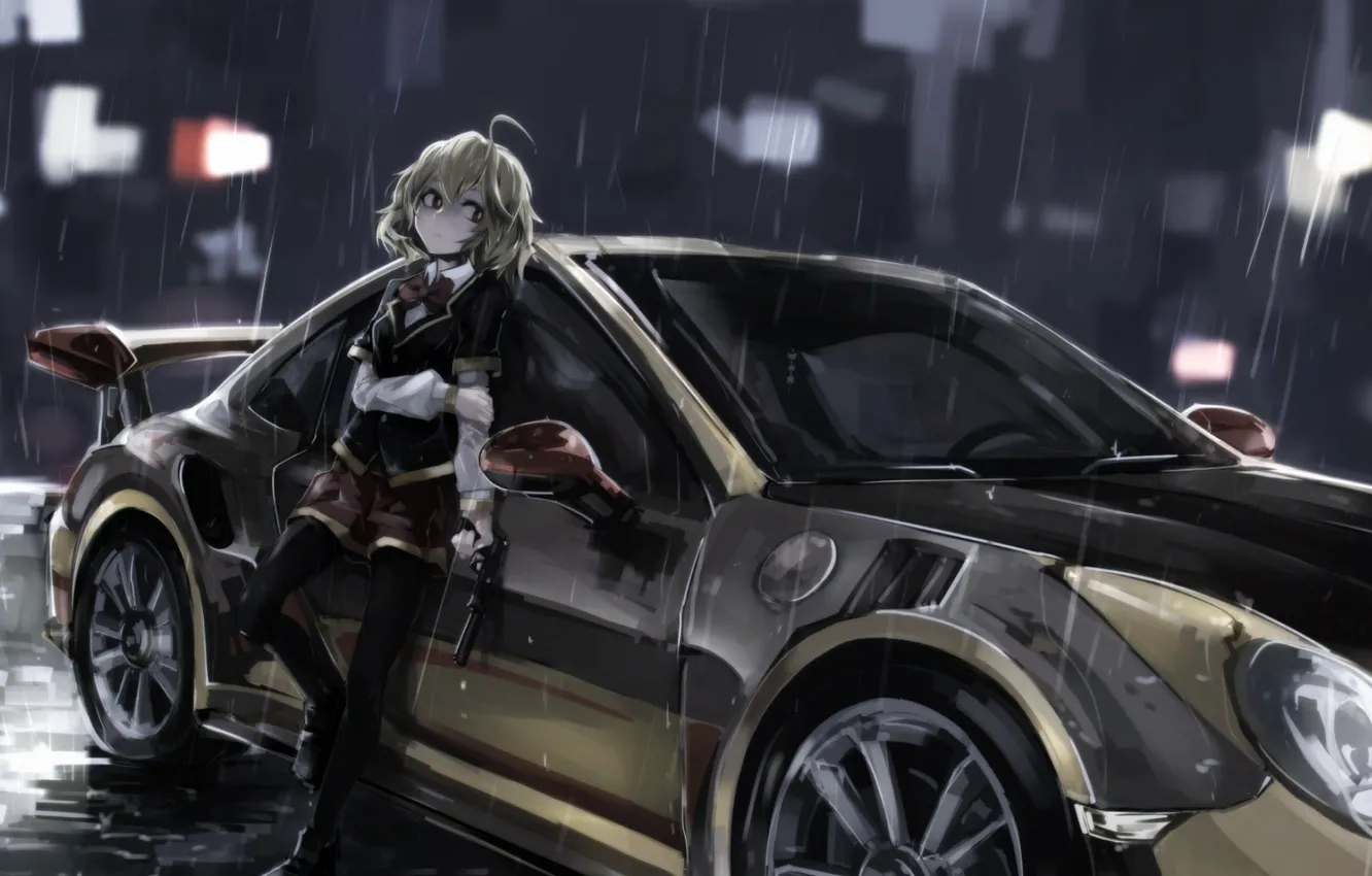 Фото обои Porsche, Girl, City, Car, Art, Anime, Night, Rain