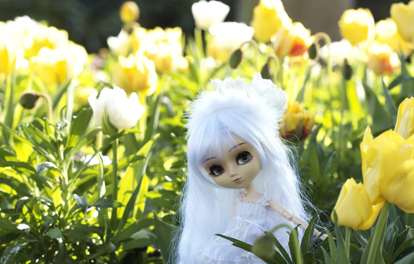 Фото обои цветы, игрушка, кукла, блондинка, белое платье