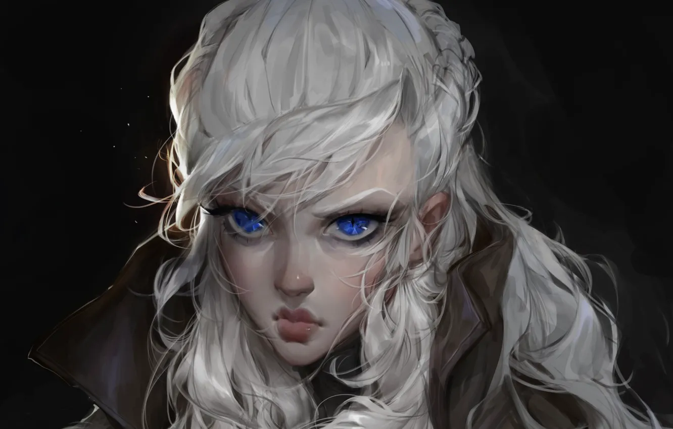 Фото обои лицо, голубые глаза, портрет девушки, длинные белые волосы, Дарья Кожемякина