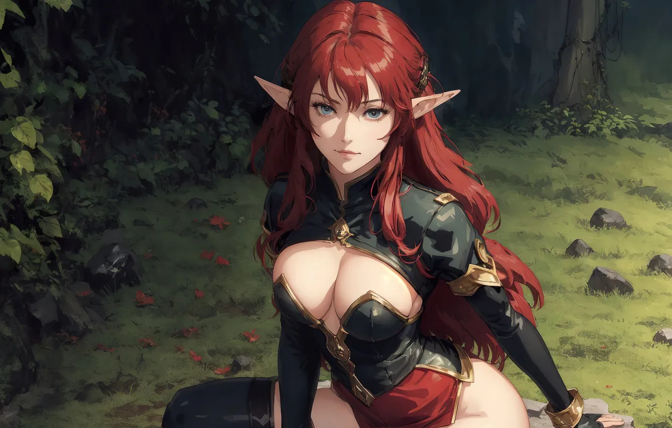 Фото обои girl, fantasy, red hair, nature, anime, art, painting, elf