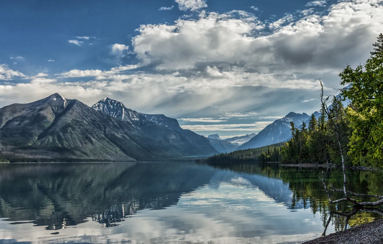 Фото обои облака, деревья, горы, озеро, отражение, Монтана, Glacier National Park, Скалистые горы