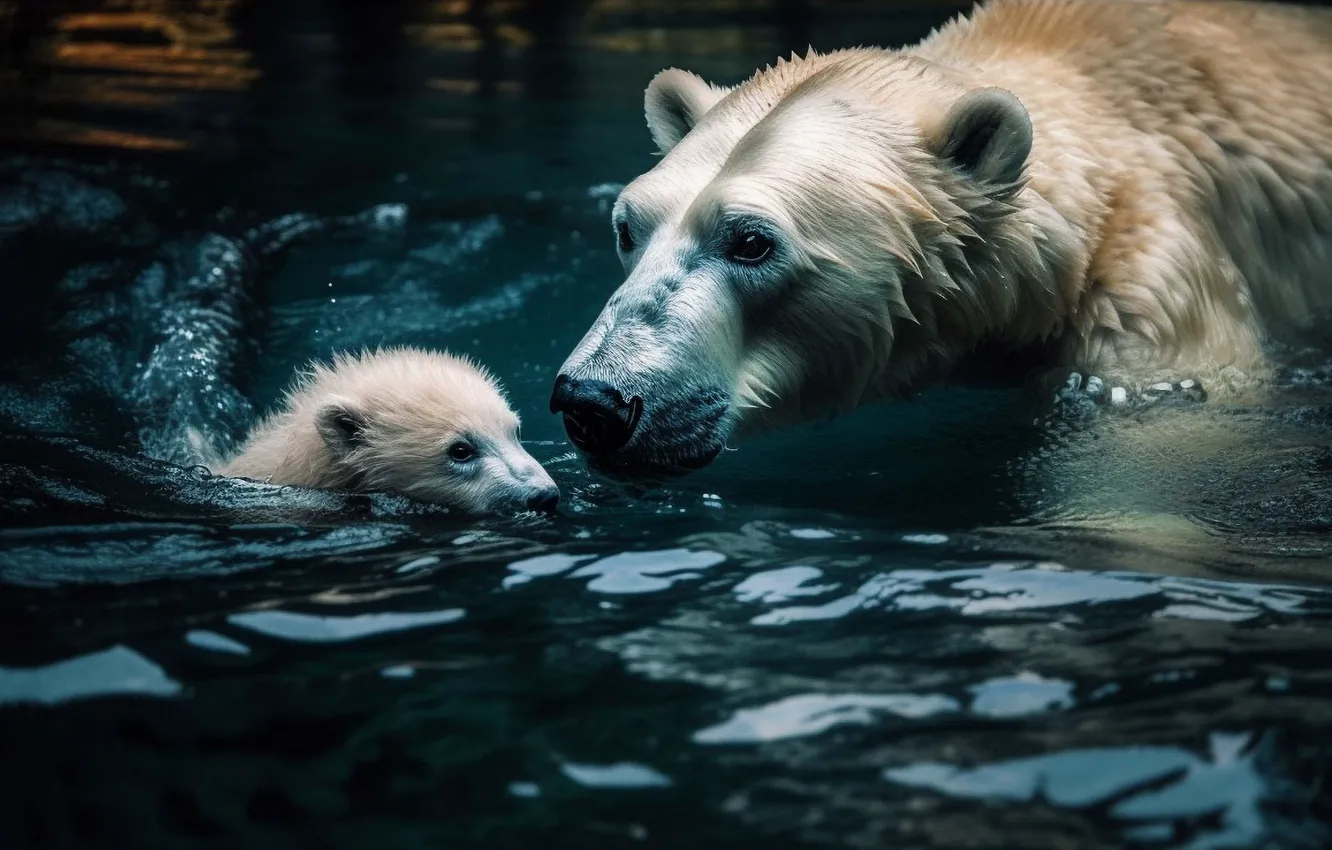 Фото обои морда, вода, темный фон, графика, малыш, купание, арт, мишка