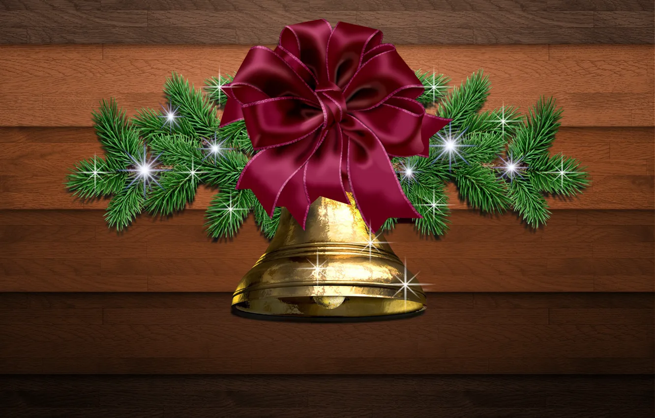Фото обои christmas, decoration, bells, ornament, branches of pine tree