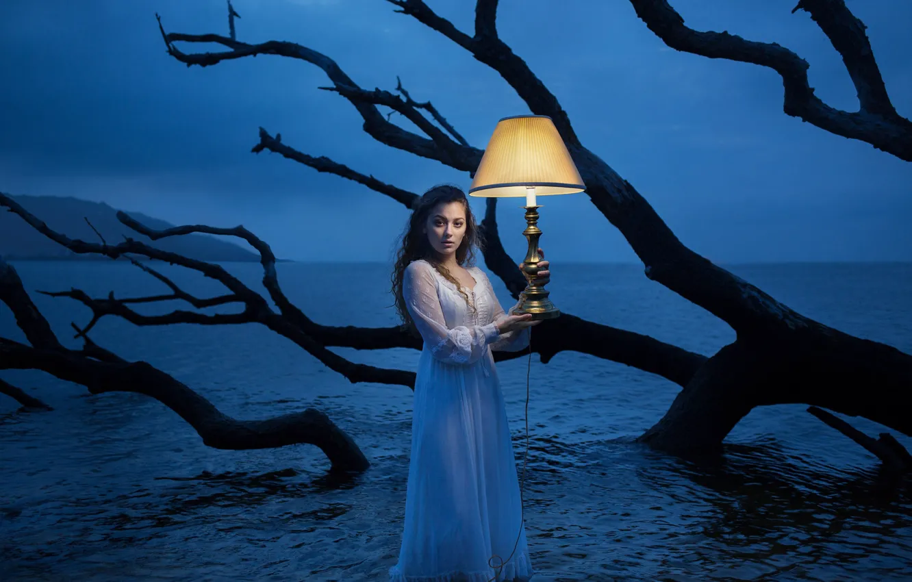 Фото обои море, девушка, лампа, ситуация, платье, коряга