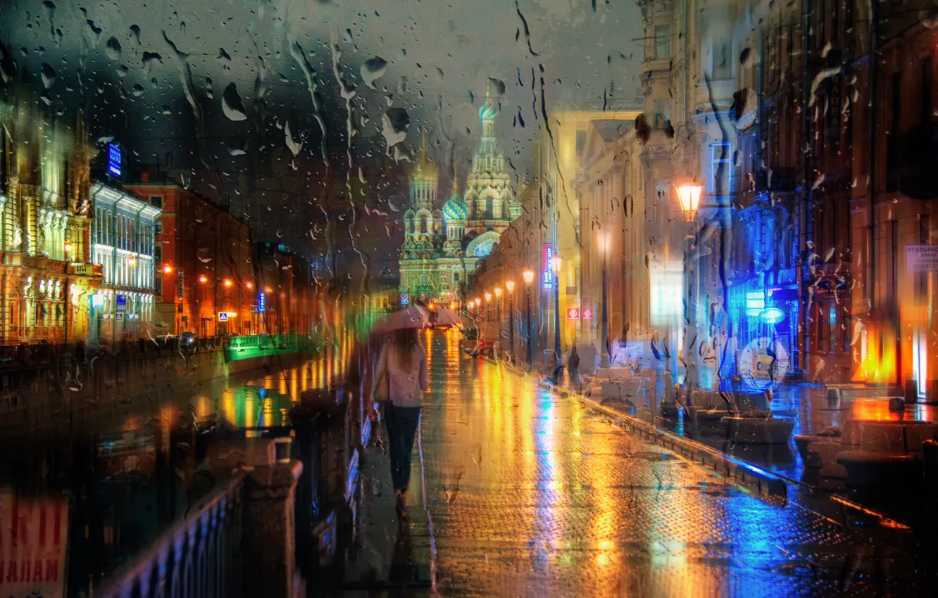Фото обои девушка, капли, дождь, зонт, Санкт-Петербург