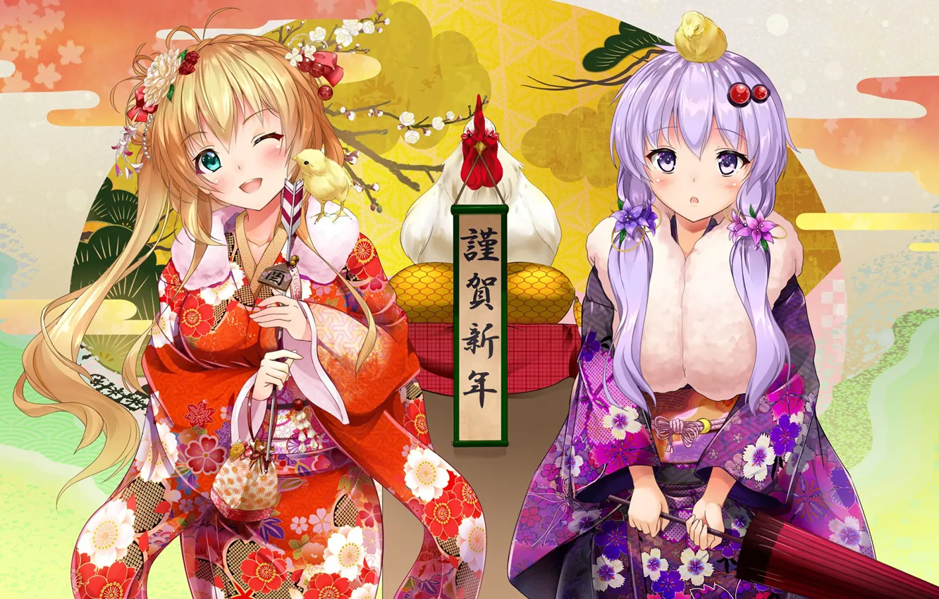 Фото обои kawaii, girl, new year, Vocaloid, bird, umbrella, anime, feathers