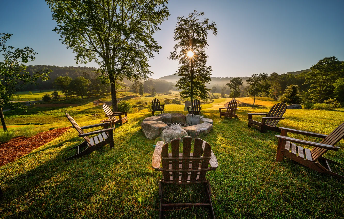 Фото обои grass, nature, sunset, wood, chairs, rest, stove