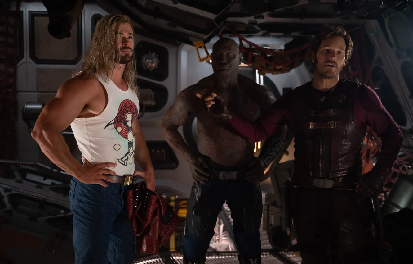 Фото обои Thor, Chris Hemsworth, Peter Quill, Chris Pratt, Dave Bautista, Drax, Marvel Studios, Guardians Of Galaxy
