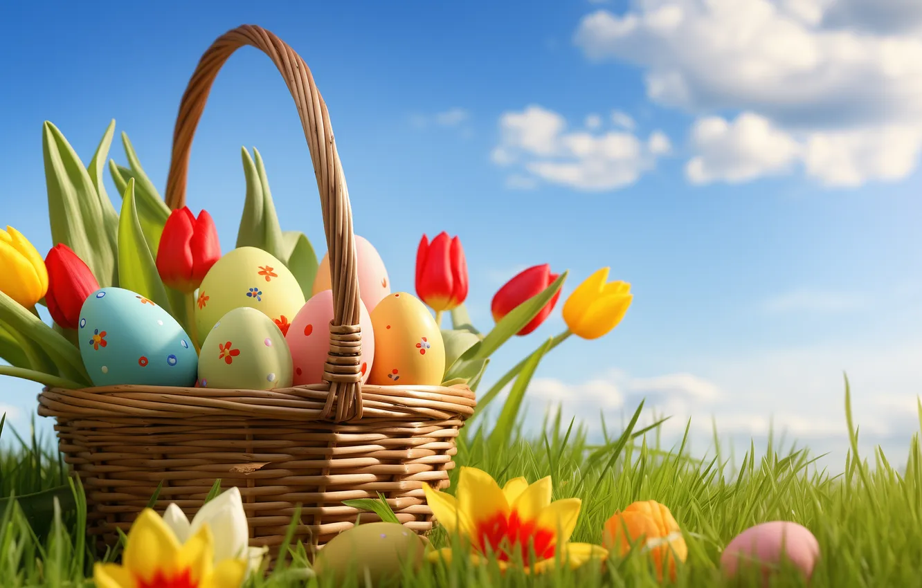 Фото обои цветы, яйца, весна, colorful, Пасха, happy, flowers, tulips