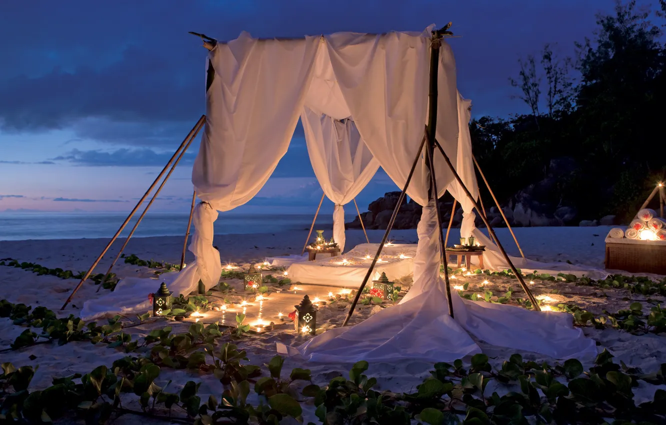 Фото обои пляж, океан, романтика, вечер, свечи, beach, picnic by clelight