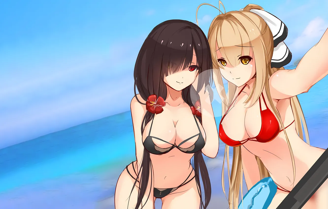 Фото обои sexy, cleavage, beach, long hair, girls, brown hair, boobs, anime