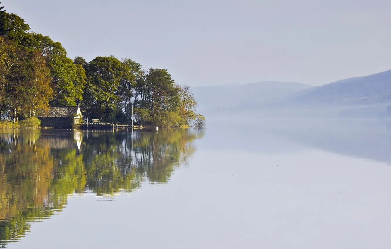 Фото обои пейзаж, туман, озеро, дом