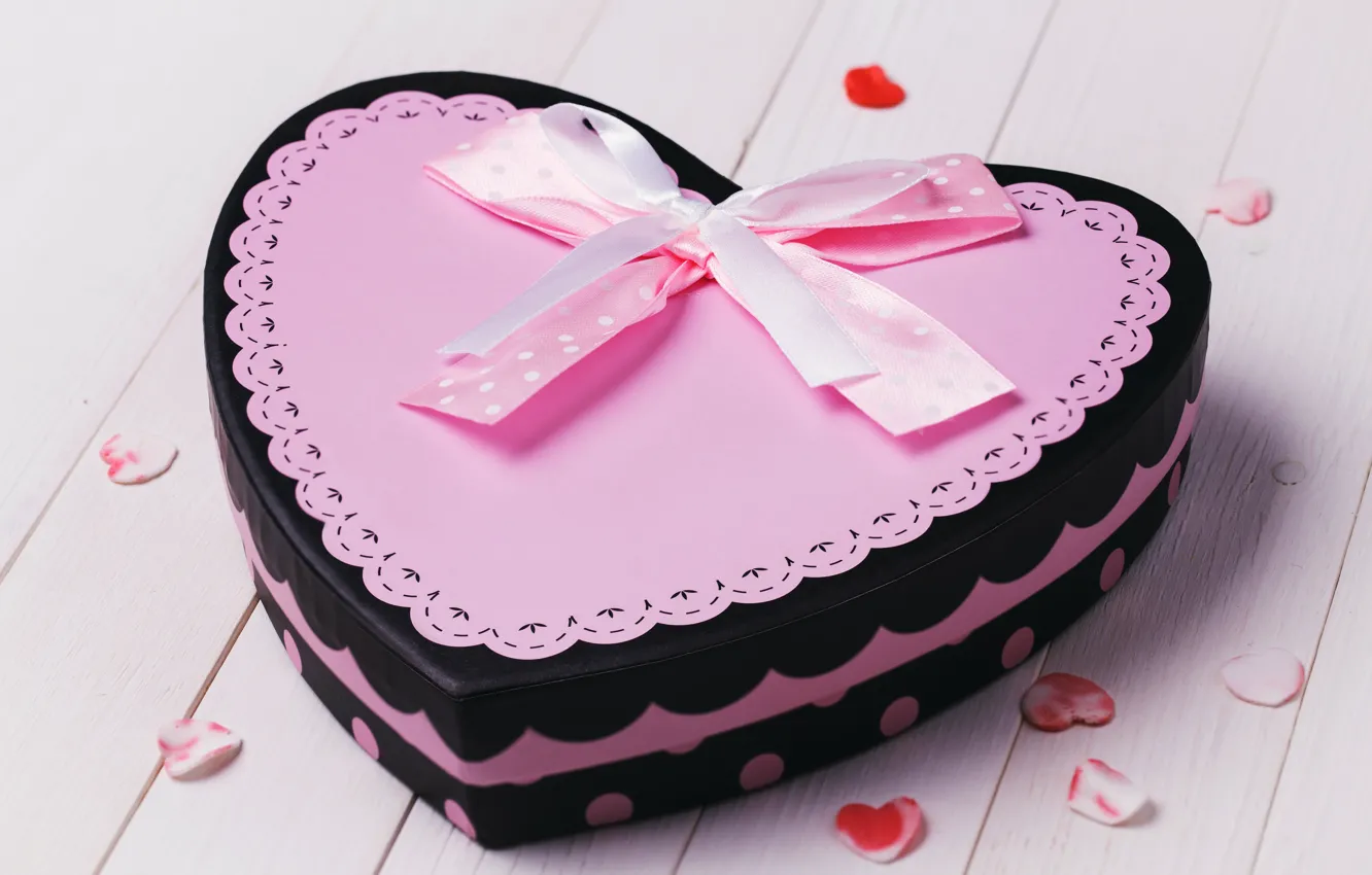 Фото обои розовый, коробка, сердце, сердечки, торт, бантик, День святого Валентина, ленточка