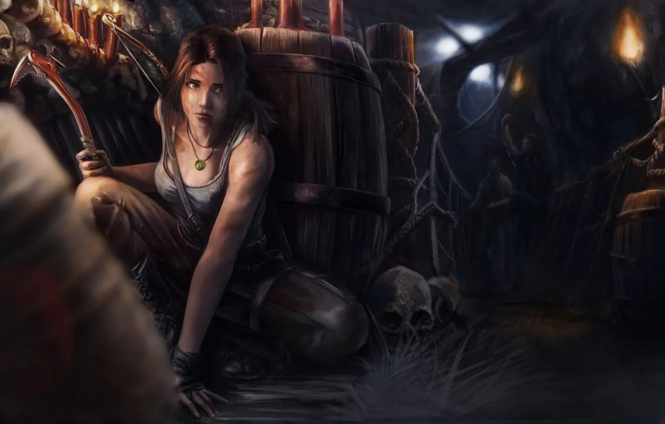Фото обои девушка, свечи, черепа, Tomb Raider, Лара Крофт, бочки, факелы, Lara Croft
