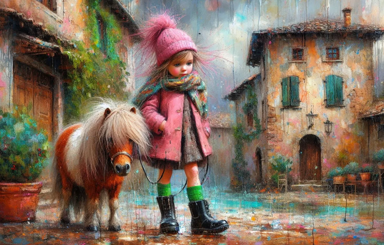 Фото обои осень, дом, дождь, улица, шапка, дома, девочка, пони