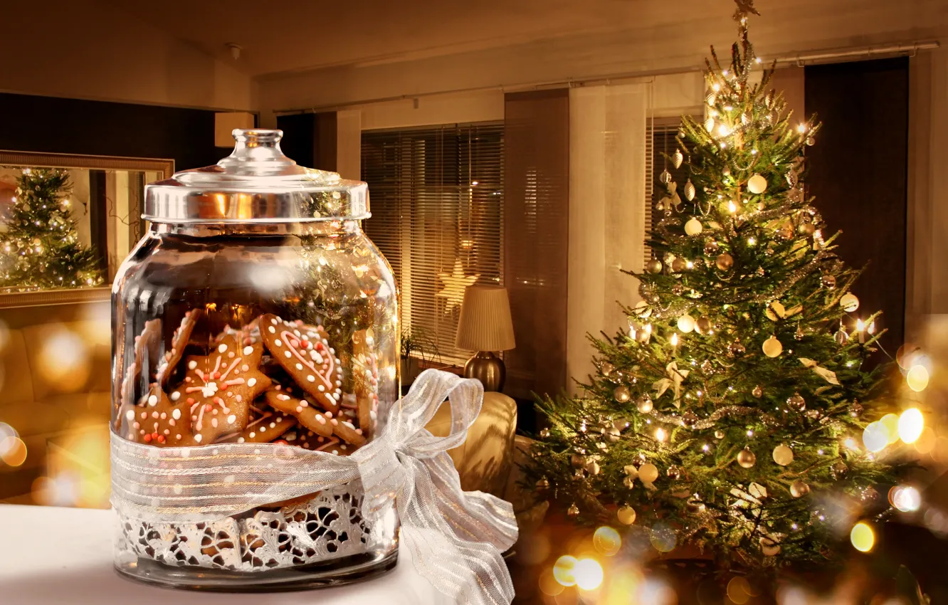 Фото обои украшения, lights, огни, елка, интерьер, сладости, Новый год, new year