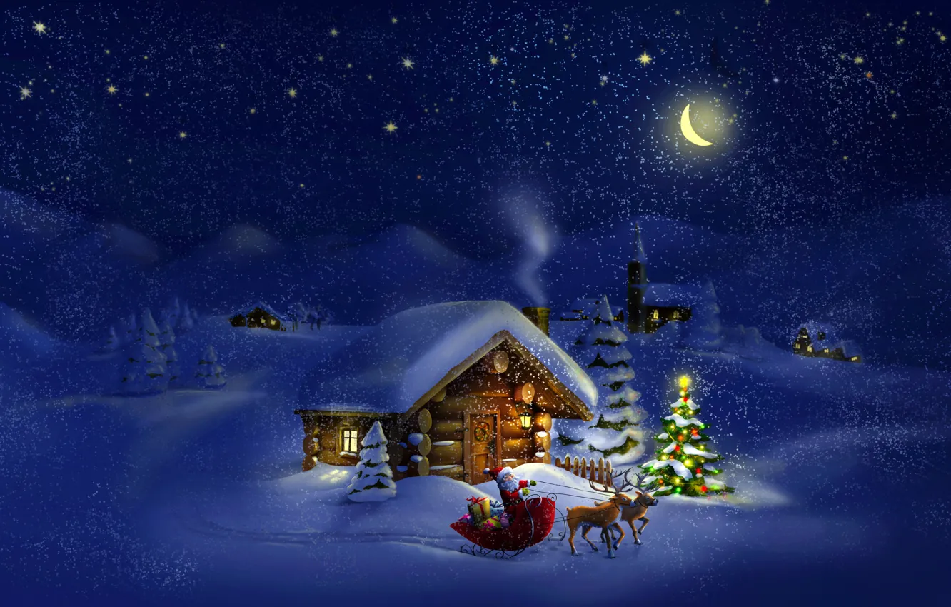 Фото обои new year, night, winter, snow, santa claus, sleigh