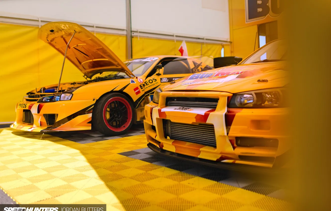 Фото обои желтый, гонка, Nissan, дрифт машины