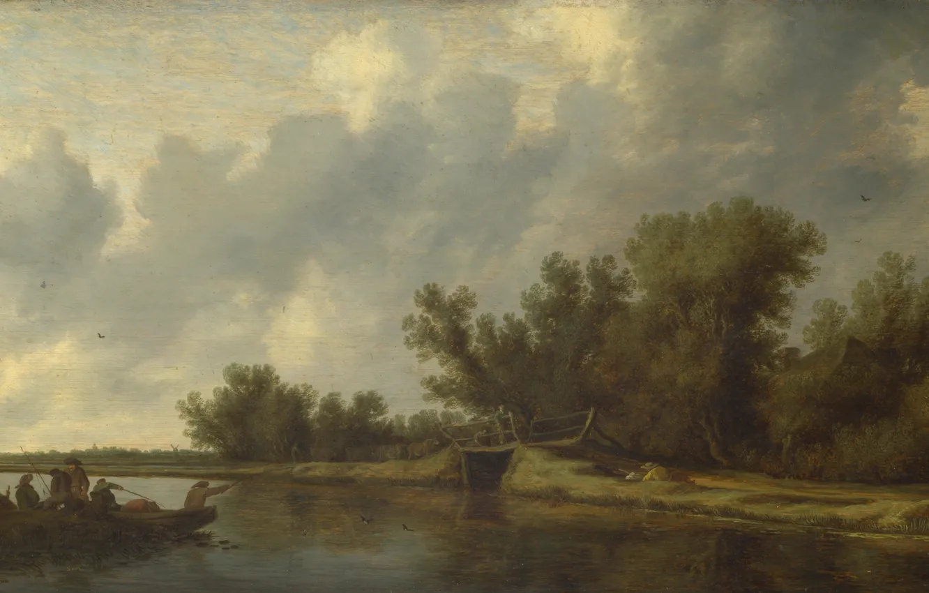 Фото обои картина, Salomon van Ruysdael, Саломон ван Рёйсдал, Речной Пейзаж с Рыбаками