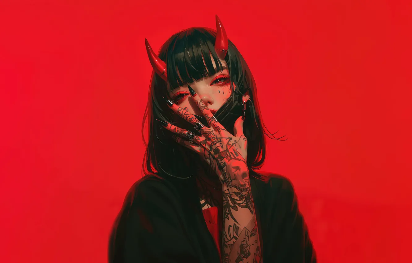 Фото обои Girl, Mask, Demon, Horn, Anime Girl, AI Generated