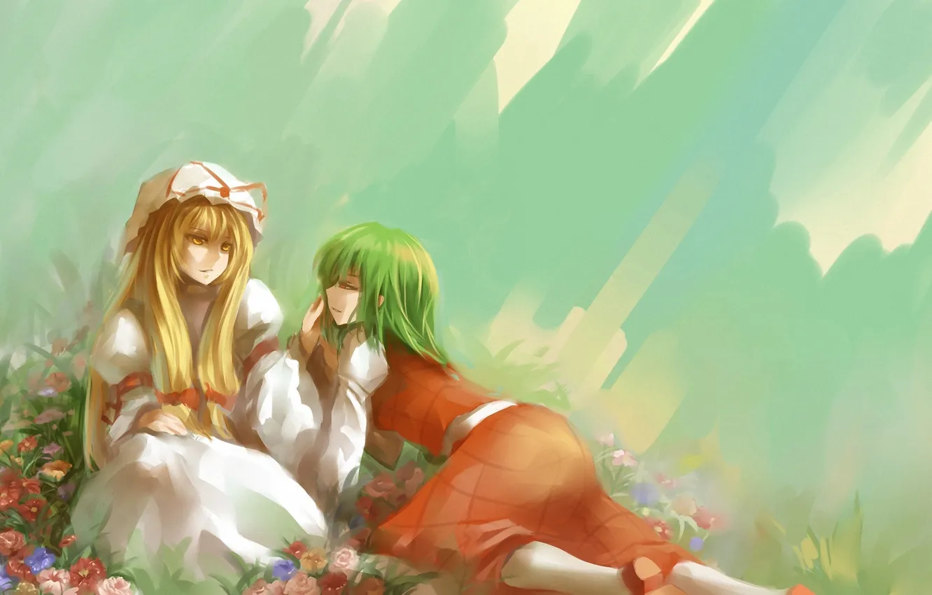 Фото обои цветы, фон, девушки, арт, полевые, touhou, kazami yuuka, yakumo yukari