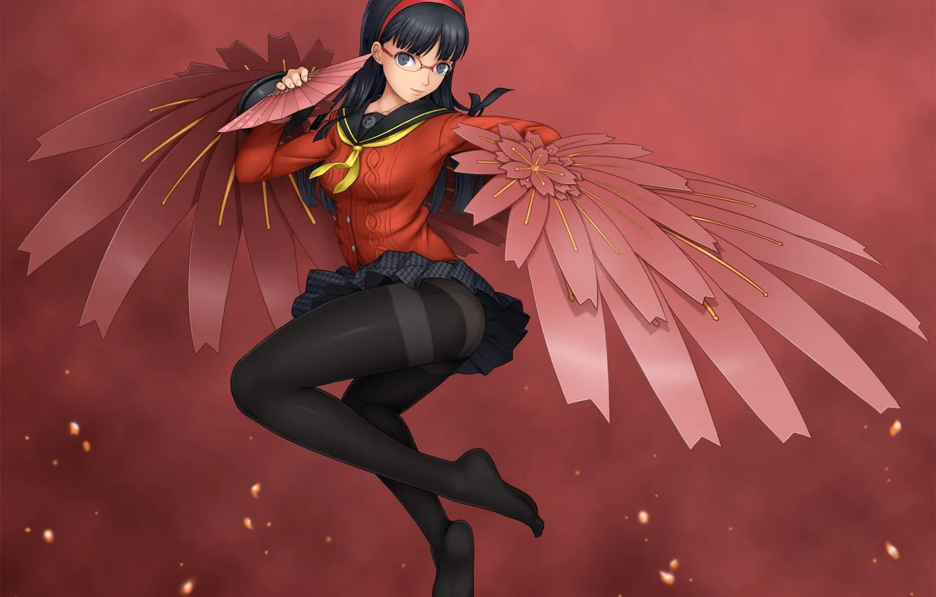 Фото обои взгляд, девушка, улыбка, крылья, art, persona, веера, amagi yukiko