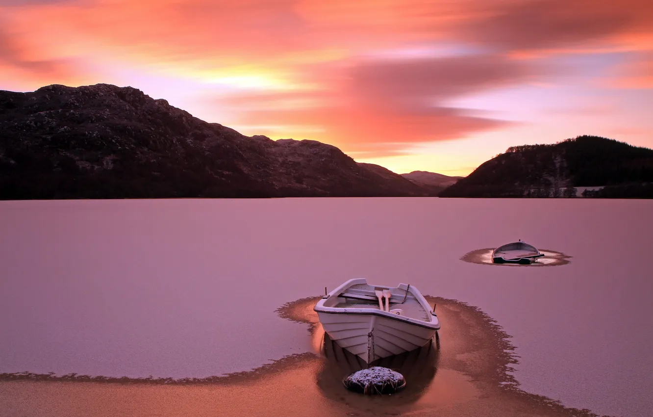 Фото обои закат, лодка, лёд
