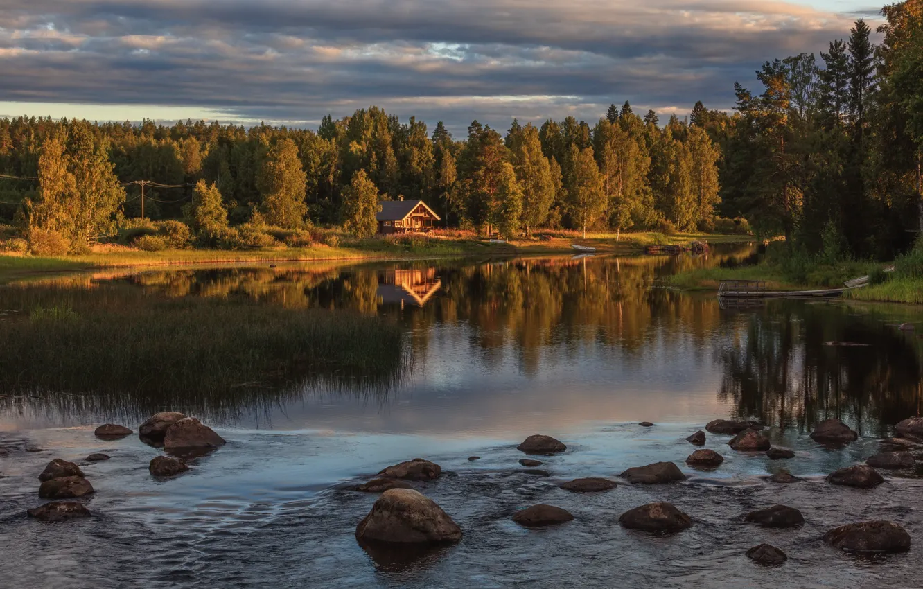 Фото обои осень, лес, пейзаж, природа, озеро, дом, камни, берега