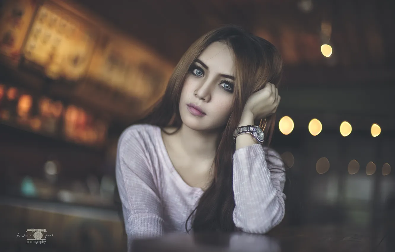 Фото обои Girl, Beautiful, Asian, Model, Eyes, Cafe, View, Photography