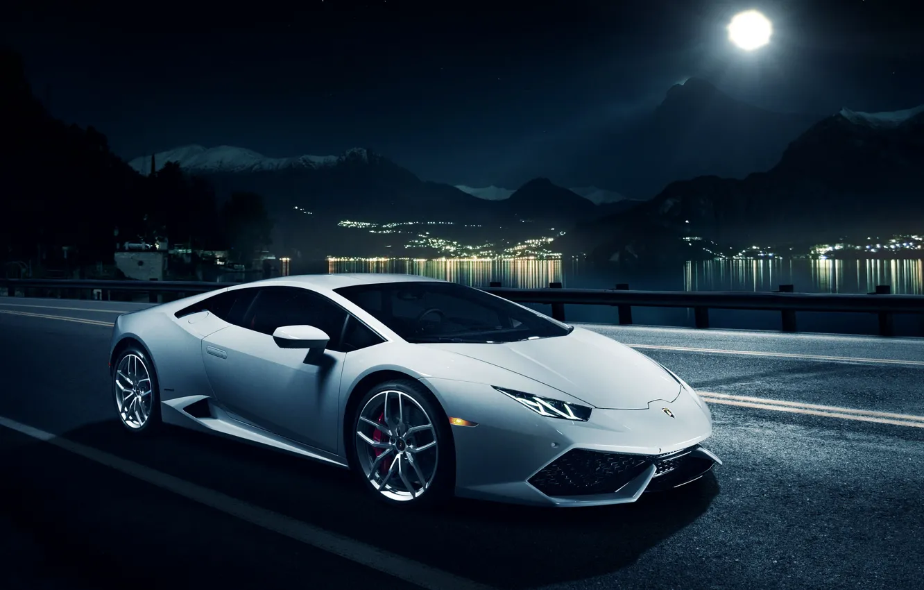 Фото обои ночь, Lamborghini, горизонт, white, front, LP 610-4, Huracan, Ronaldo Stewart