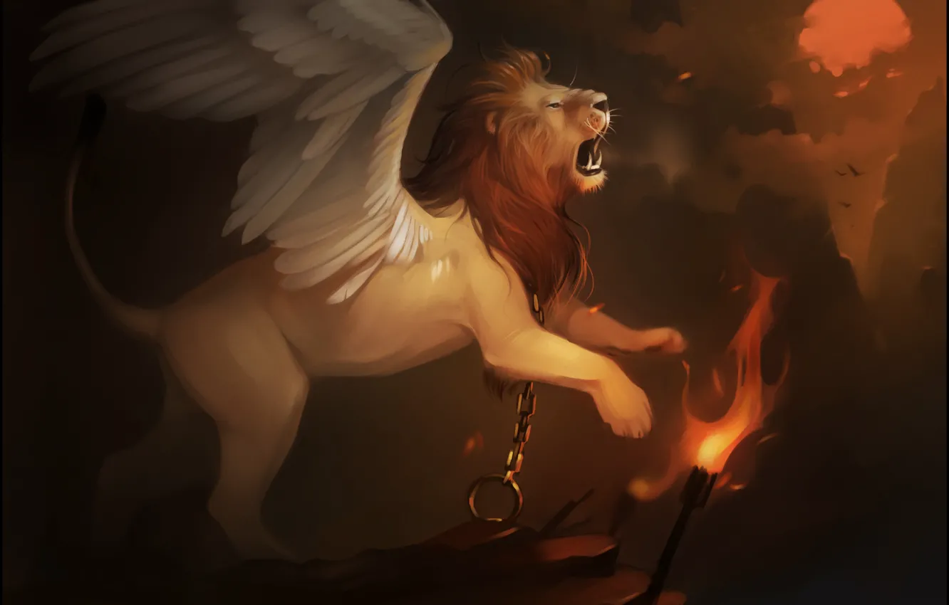 Фото обои закат, крылья, лев, арт, цепь, факел