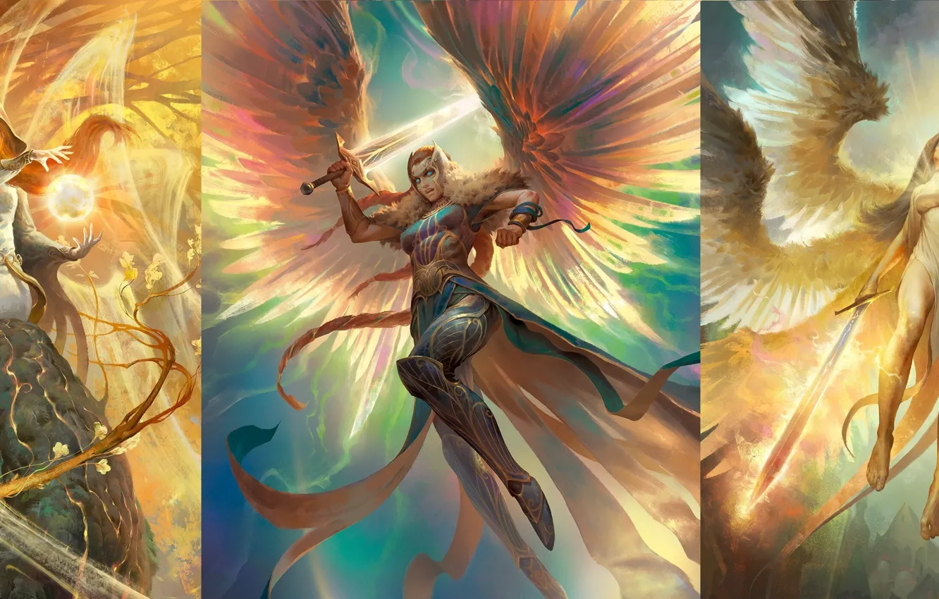 Фото обои девушка, магия, небеса, крылья, ангел, меч, перья, арт