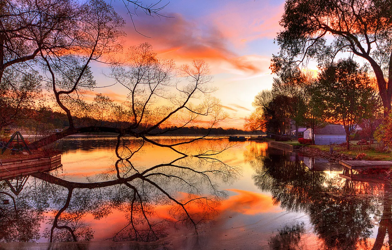 Фото обои небо, закат, отражение, река, дерево, берег