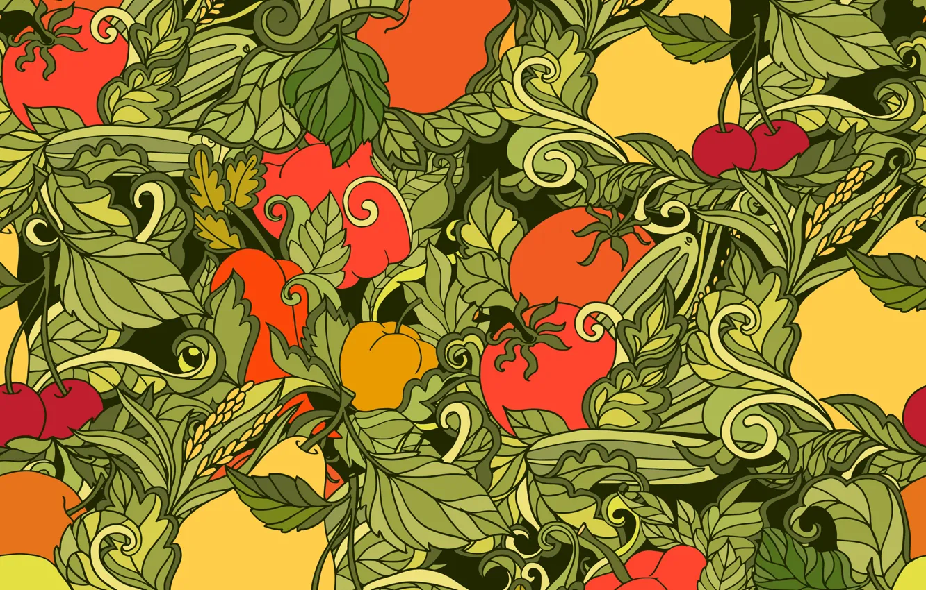 Фото обои абстракция, фон, текстура, pattern, fruits, vegetables, Leaves, seamless