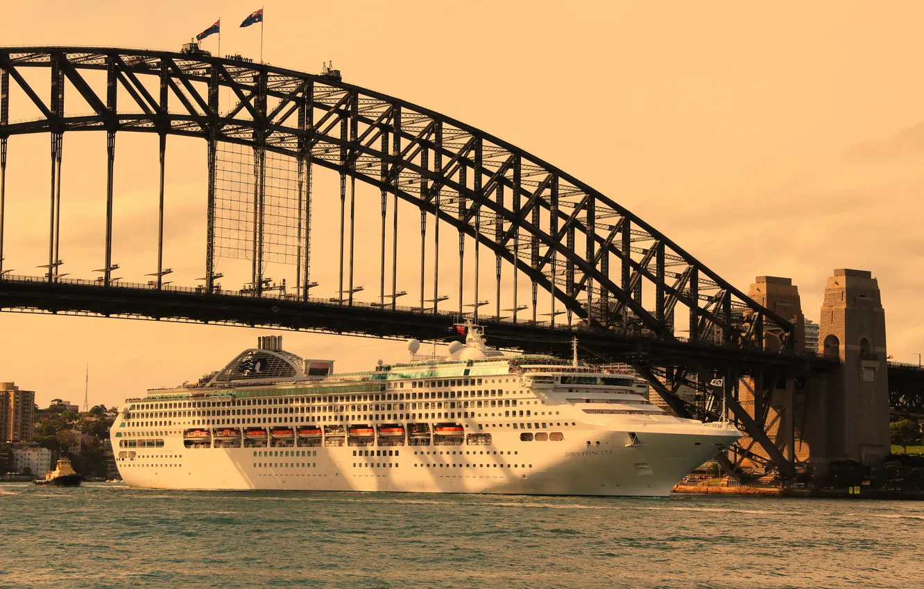 Фото обои мост, город, река, фото, корабль, Sydney, круизный лайнер