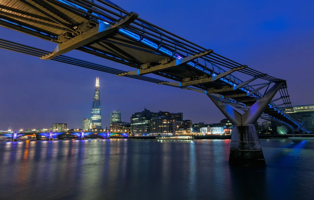 Фото обои ночь, река, Англия, Лондон, здания, вечер, освещение, подсветка