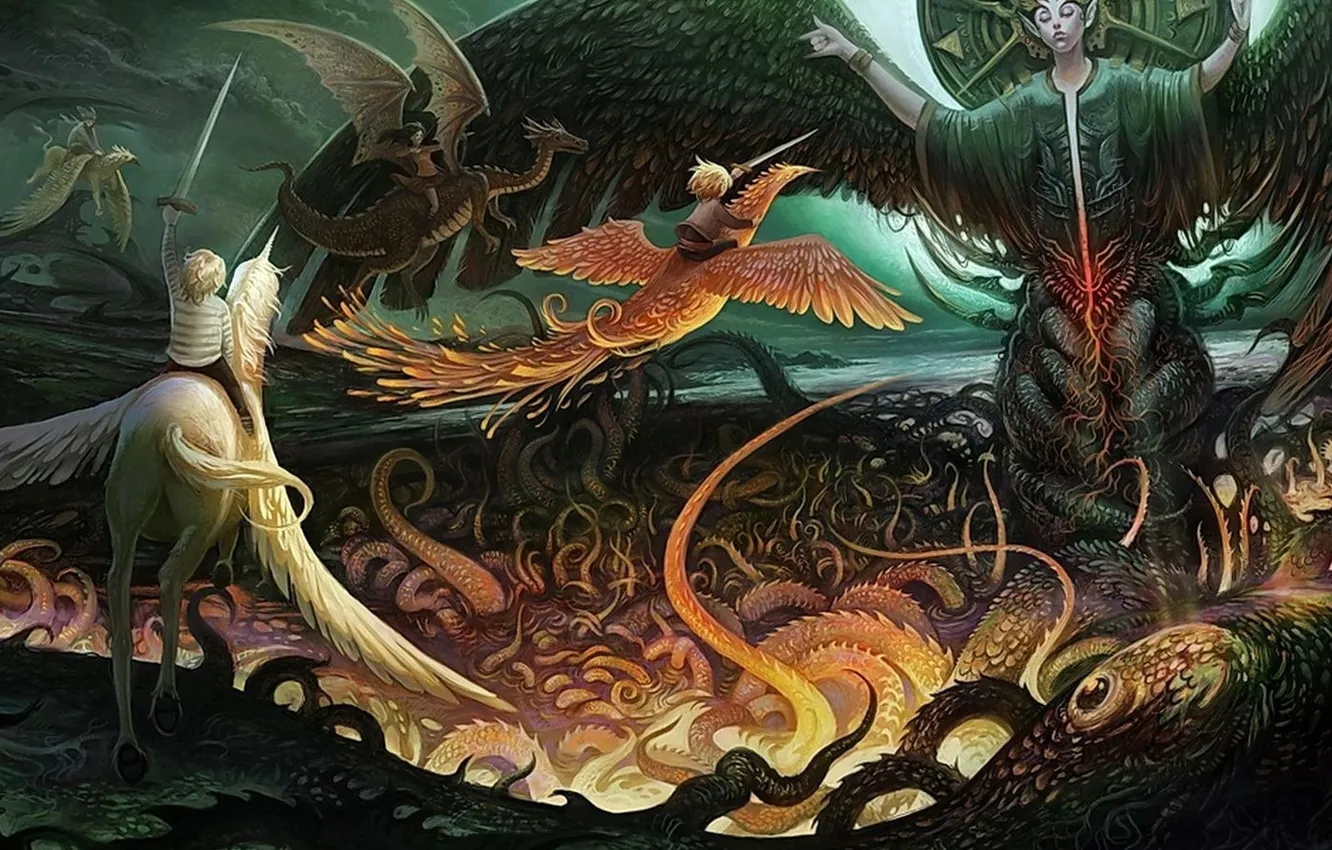 Фото обои дракон, сказка, единорог, феникс, легенда, мифы