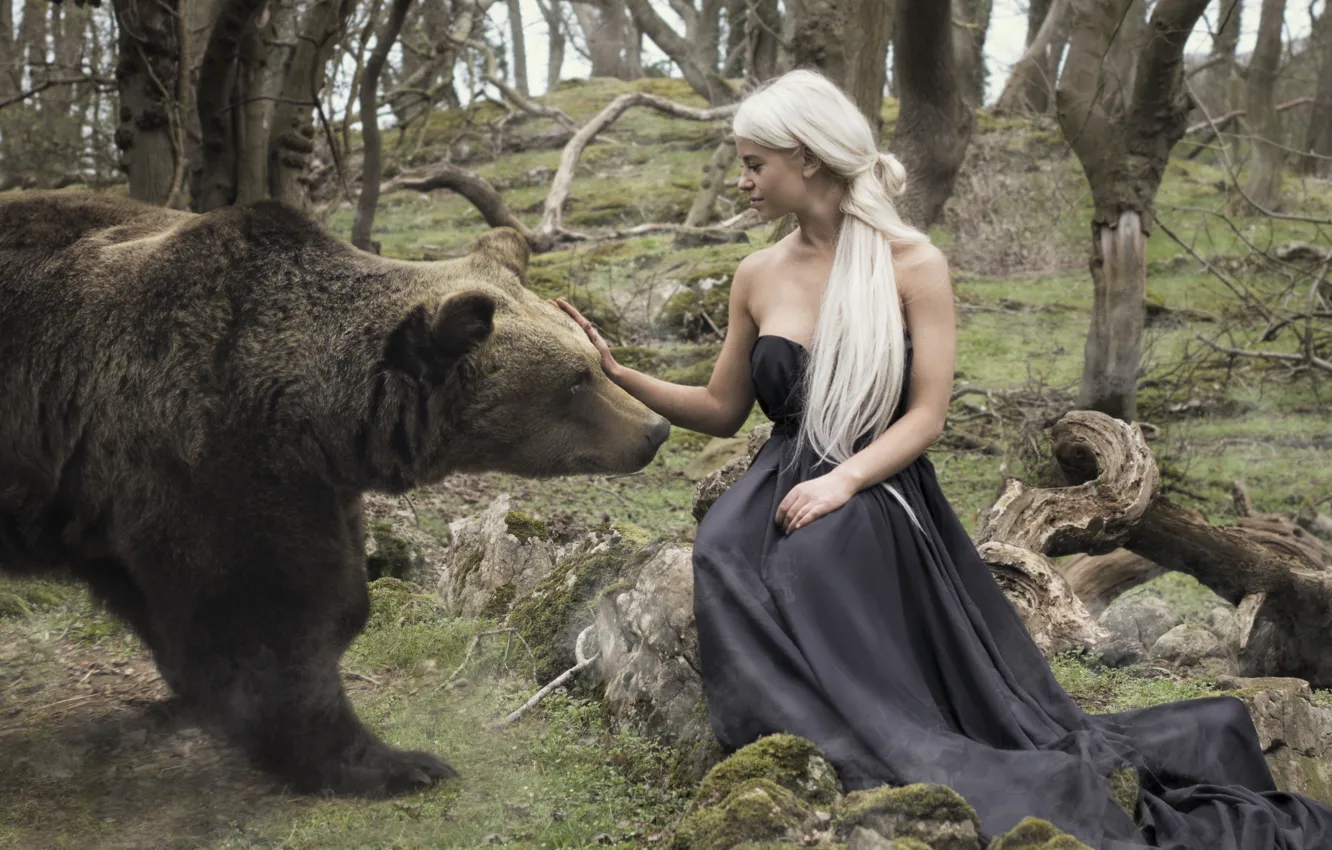 Фото обои девушка, ситуация, медведь