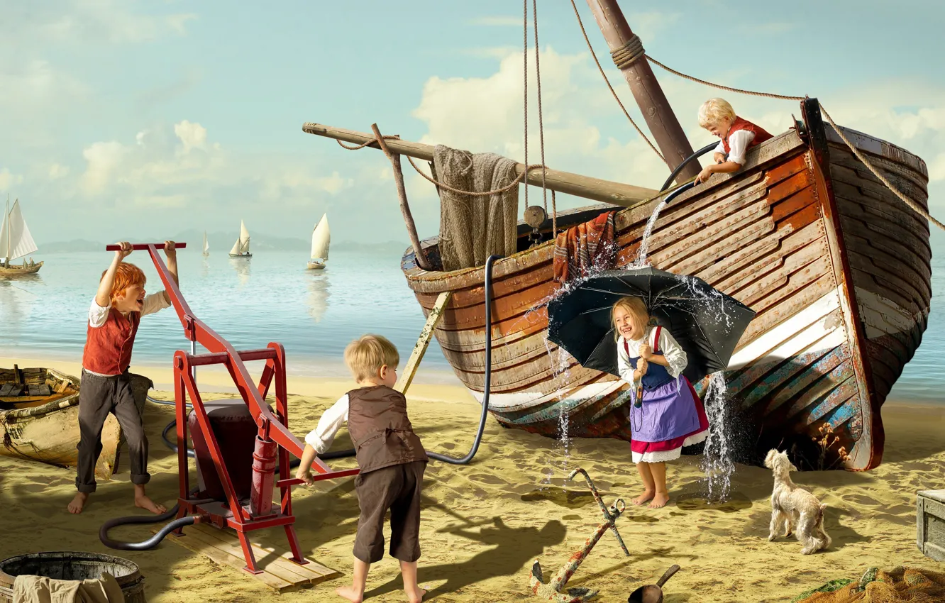 Фото обои песок, море, вода, дети, собака, лодки, зонт, девочка