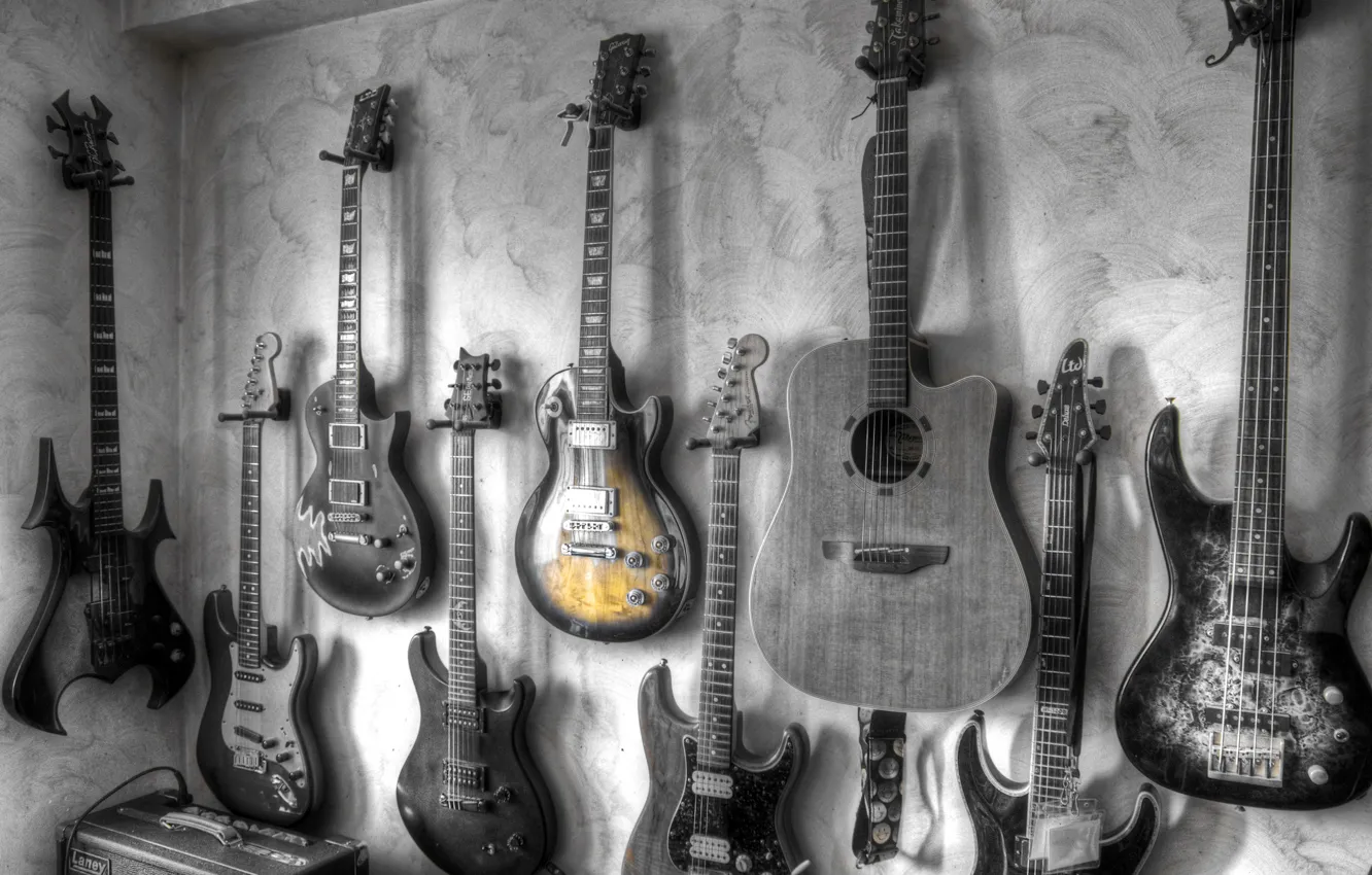 Фото обои музыка, стена, гитары